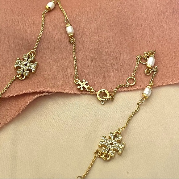 Tory Burch Logo Crystal and Freshwater Pearl Necklace - Picture 5 of 5